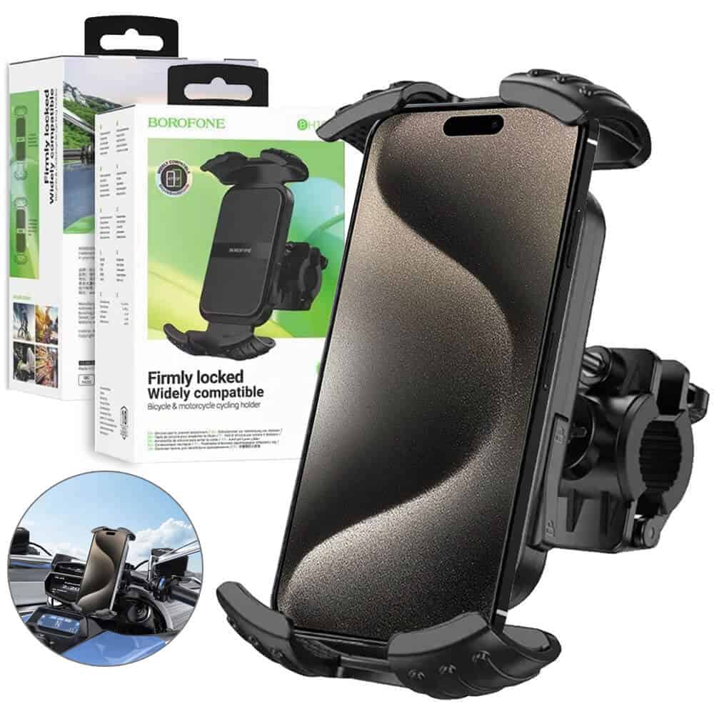 Borofone BH105 Bicycle & Motorcycle Motorbike Cycling Bike Scooter 360° Rotating Universal Mobile Phone Holder Mount Bracke Solid Grip Firmly Locked Borofone BH105 Bicycle & Motorcycle Motorbike Cycling Bike Scooter 360° Rotating Universal Mobile Phone Holder Mount Bracke Solid Grip Firmly Locked